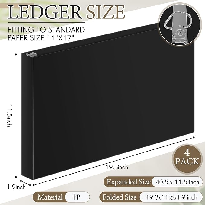 4 Pcs 11 x 17 Inch 3 Ring Binders 1.5 Inch Rings Heavy Duty View Plastic Flexible D Ring Binders Economy Holds 11" x 17" Paper for Artwork Blueprints, Office, Home, Work Places(Black)