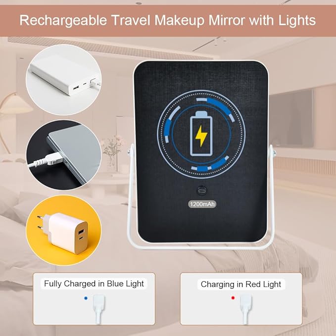 Rechargeable Vanity Mirror with Lights,Desk Makeup Mirror with Lights,Portable Travel for Makeup Desk ＆ Dressing Room,3 Color Lighting, Dimmable Touch Screen