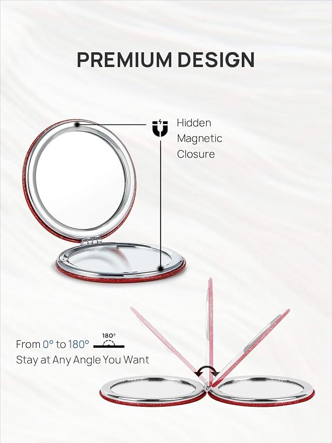 OMIRO 1X/10X Magnifying Compact Mirror with PU Leather, Ultra-Portable for Purses and Travel, Round Red