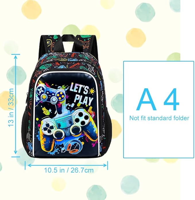 KLFVB Boys Toddler Game Backpack, Water Resistant Kindergarten Bookbag, 13" Preschool Backpacks for Toddler - Game Black