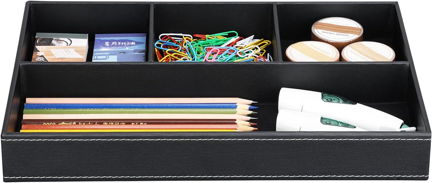 KINGFOM Pu Leather Desk Organizer Tray, 4 Compartment Office Storage Supplies Stationery Drawer Tray, Nightstand Bedside Tray for Key, Wallet, Sunglass, Watch, Coin, Phone Valet Tray Stackable Black