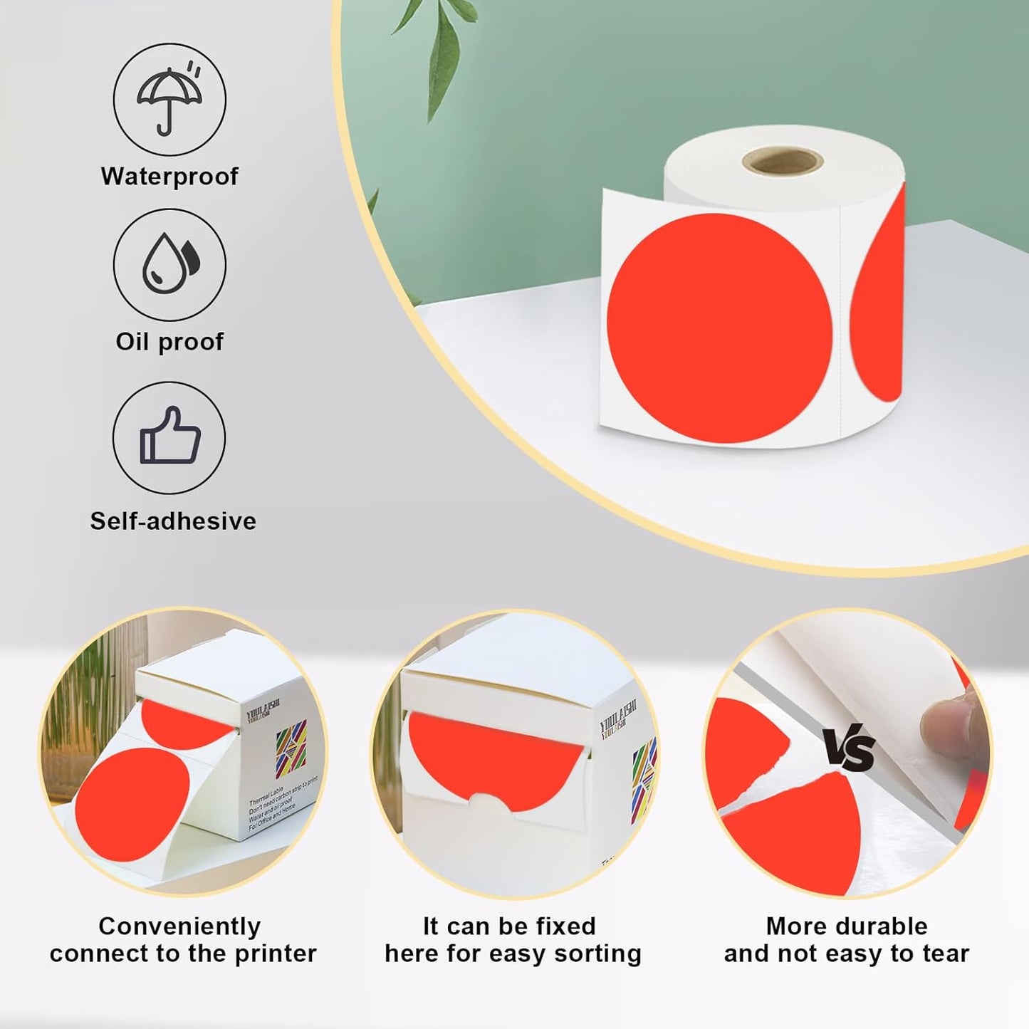 3 X 3 Inch Color Coding Dot Labels Circle Thermal Printable Waterproof 500 Pcs Round Stickers Adhesive Writable for Office, Home, Garage, DIY Sticker, Barcodes, Name Tag, Fluorescent Red