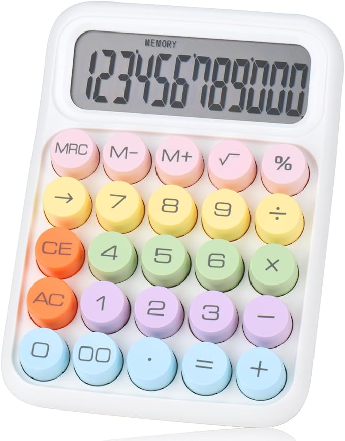 Mechanical Pushbutton Calculator,12 Digit Large LCD Display,Big Buttons Easy to Press,Colorful Candy Calculator,Automatic Sleep,with Battery.for Office,School, Home. (White)