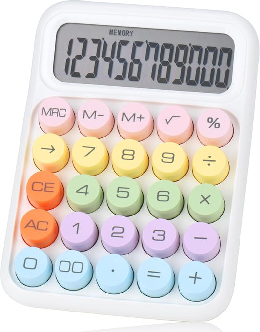 Mechanical Pushbutton Calculator,12 Digit Large LCD Display,Big Buttons Easy to Press,Colorful Candy Calculator,Automatic Sleep,with Battery.for Office,School, Home. (White)
