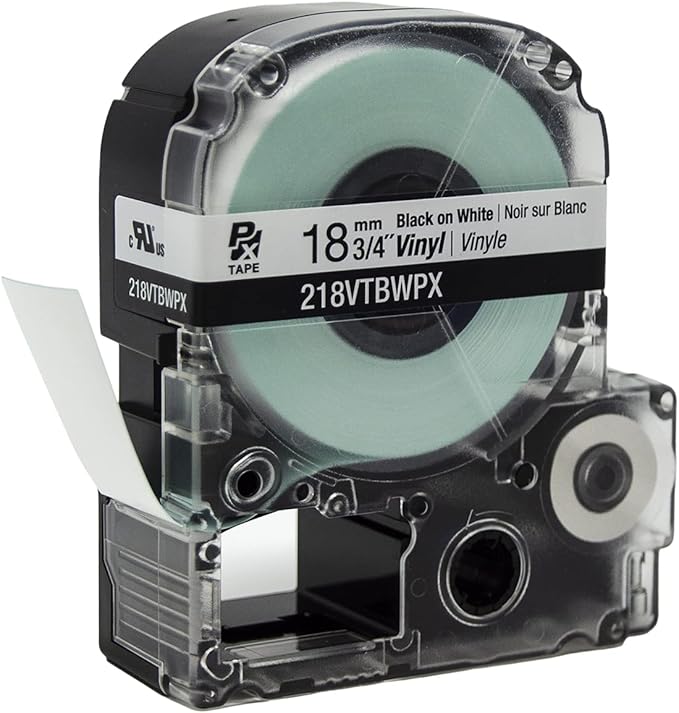 Epson LABELWORKS 218VTBWPX Genuine Tape Cartridge - Black on White Flexible and Durable Vinyl Industrial Label Maker Tape - 3/4" (18MM) Wide, 22.9 ft