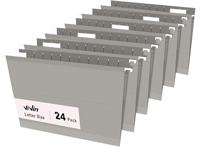 ViVin Hanging File Folders, 1/5-Cut Adjustable Tabs with 24 Per Box, 1 Inch Expansion, 24 Pack Letter Size Hanging File Folders, Designed for Office Home School Filing Cabinet(Gray)