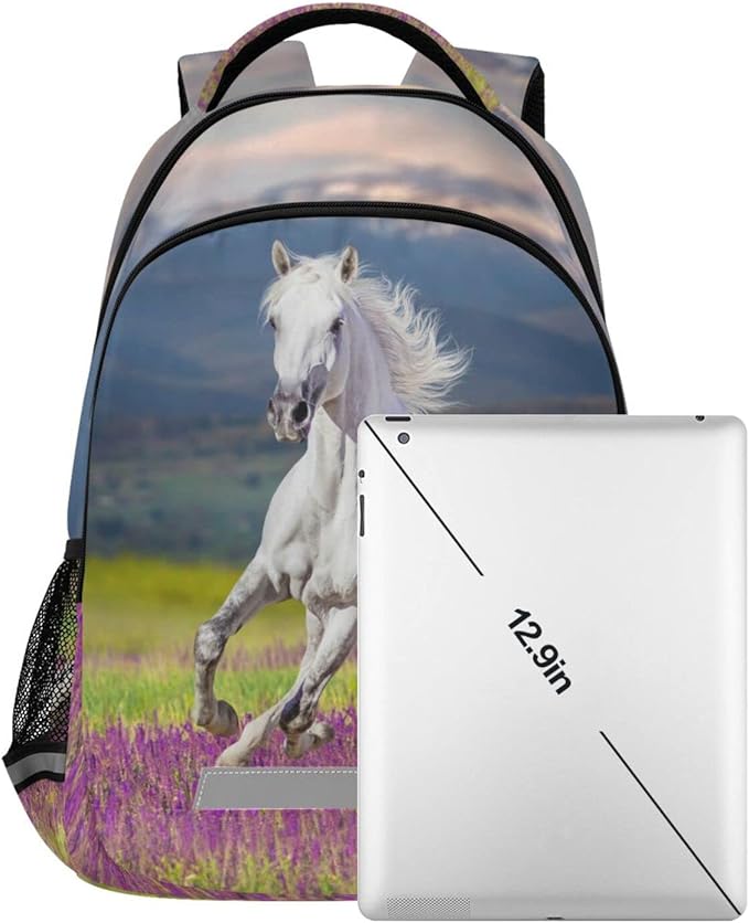 Horse Kids Backpack Bookbag Lavender Flower Elementary School Bag for Boys Girls Travel Rucksack