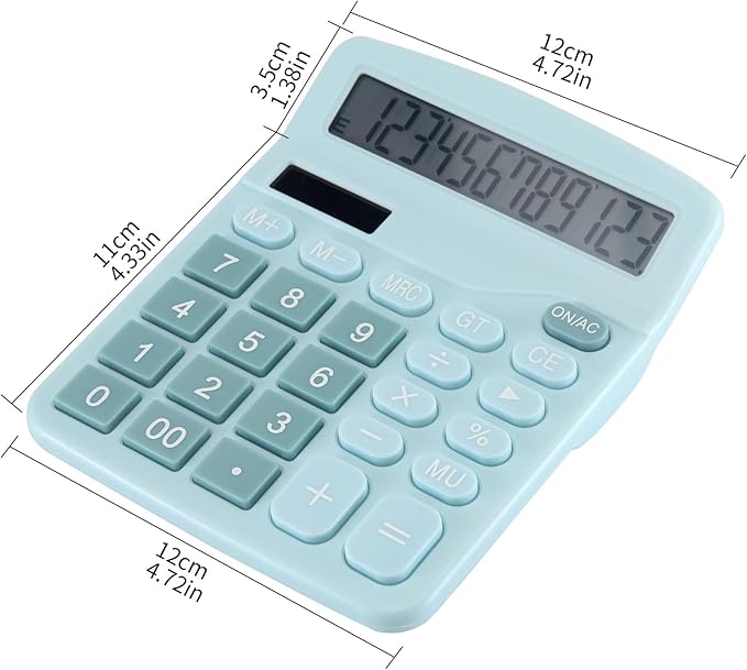 Desk Calculator 12 Digit Office Calculators with Large Screen Display, Dual Solar Power and Battery, Recessed Big Button Calculator for Office Home School（Blue）