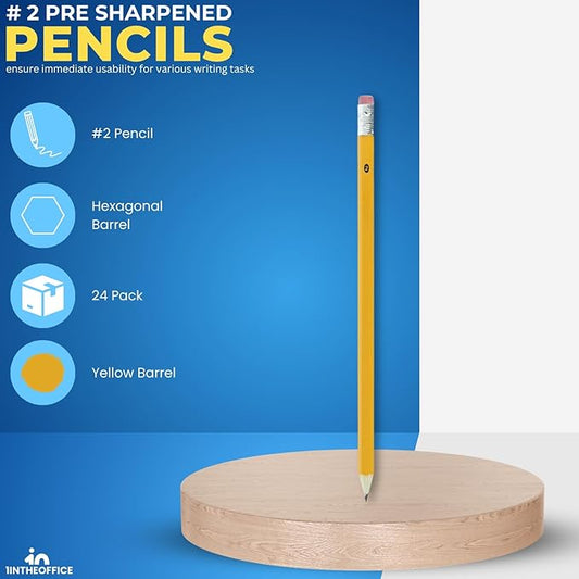 1InTheOffice Pre Sharpened Pencils #2, Pencils with Eraser, 2 HB, Wood-Cased, Black Lead, Yellow Barrel (24)