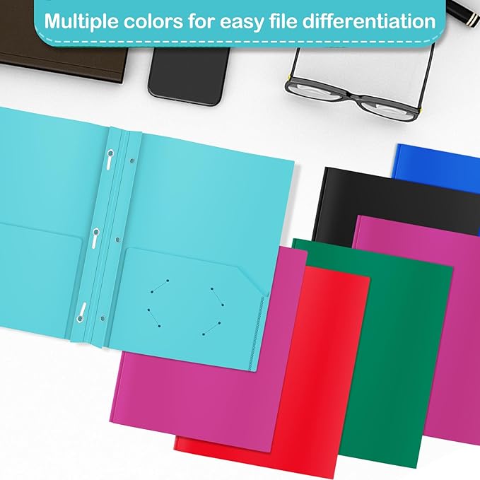 Heavy Duty Plastic Folder, 60 Pack, Pocket Folder with brads, Letter Size Poly File, Plastic Folders with 3 Prongs Fasteners - Assorted Color