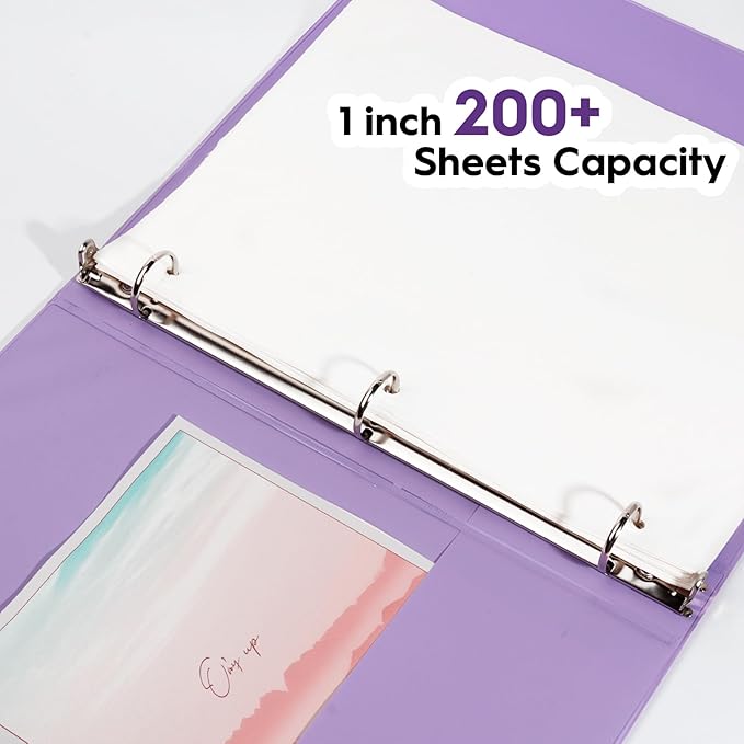 COMIX Standard 3 Ring Binder 1 inch with Clear View Cover, 1" Round Ring View Binder Holds 200 Sheets of US Letter Size Paper for School Office Supplies, 6 Pack (Pale Purple)