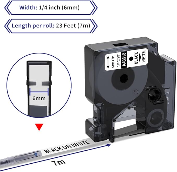 6-Pack Compatible Dymo 1/4 Inch 43613 D1 Label Tape Black on White 6mm Label Maker Refills S0720780 for DYMO LabelManager 160 280 360D 420P 450, 1/4 in x 23 Ft