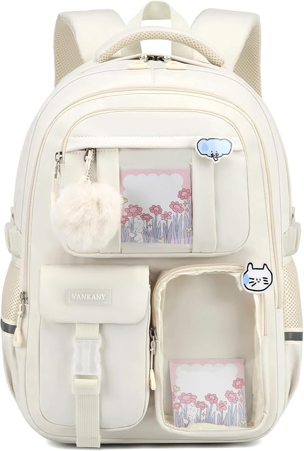 Backpack for Teen Girls, Cute Aesthetic School Backpacks with Accessories for Middle High School Students, Designer Backpack for Kids Bookbag, Beige