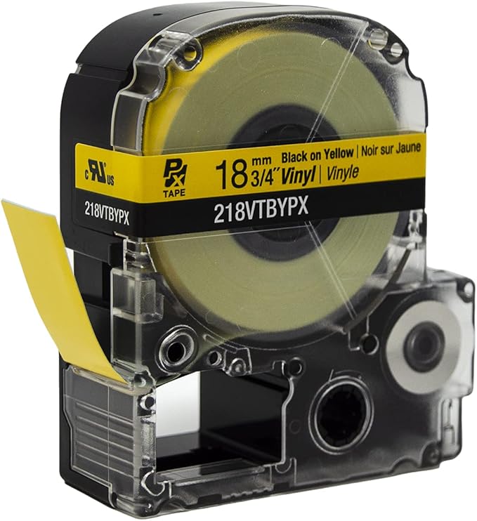 Epson LABELWORKS 218VTBYPX Genuine Tape Cartridge - Black on Yellow Flexible and Durable Vinyl Industrial Label Maker Tape - 3/4" (18MM) Wide, 22.9 ft