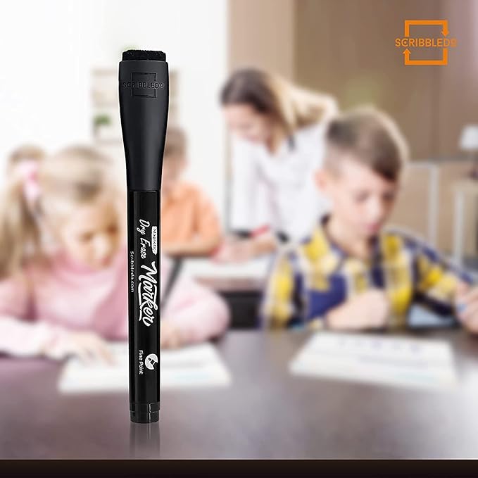 Scribbledo Magnetic Dry Erase Markers Fine Tip Black Color Low Odor Whiteboard Markers with Eraser Cap Thin Skinny White Board Markers for Adults Students Teachers Kids Art Home & School (4 Pack)