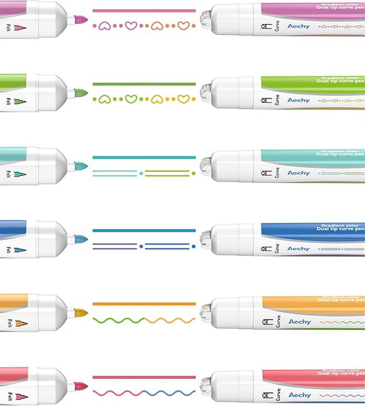 AECHY 6PCS Dual Color Highlighter Pens - 1 Stroke 2 Colors! Dual Tip Pens with 3 Curve Shapes & 6 Vibrant Colors for Note Taking, Underlining, Journaling, No Bleed Acid-Free Ink, for School,Office,Art