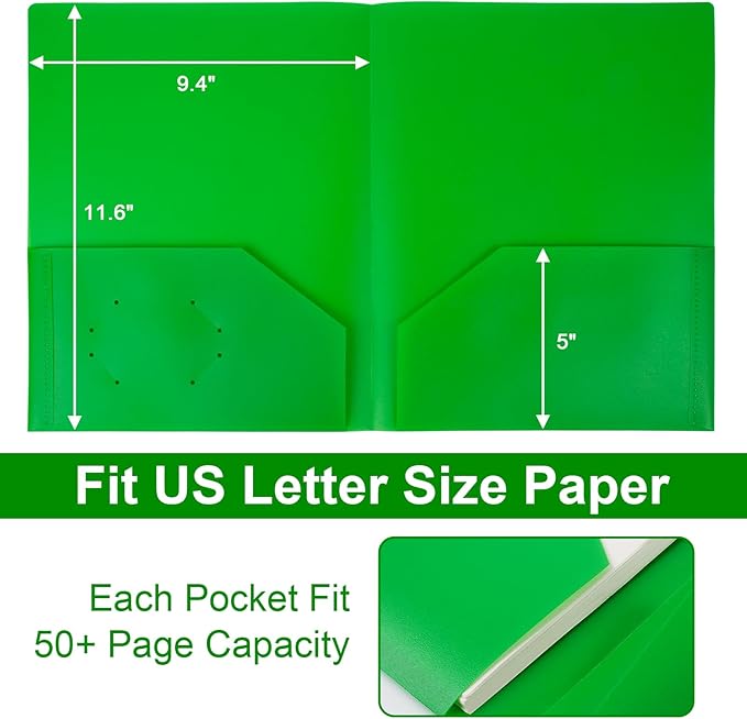 6-Pack Plastic Folders with Pockets,2-Pocket Poly Folders Holds 8-1/2" x 11" Paper for School/Office/Home, Green