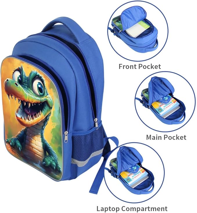 Kids Backpack, 3D Reflective Cartoon, 600D Polyester & Dual Zippers, 17" Bookbag with Ergonomic Design for boys & girls age 6-18, Crocodile Space Style for school Children Kids