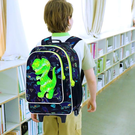 CCJPX 3PCS Dinosaur Rolling Backpack for Boys, 18" Kids Dinosaur Backpacks with Roller Wheels, Wheeled Bookbag with Lunch Box for Toddler Elementary School (Black)