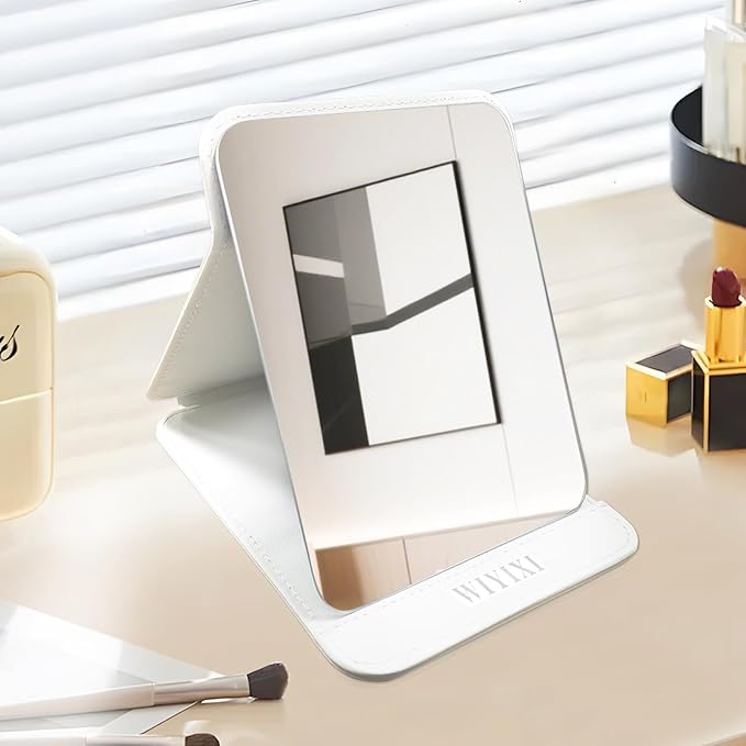 gogofree Foldable Desktop Mirror, 8" × 6" Adjustable Angle Makeup Mirror with Stand, Black Small Mirror for Travel Camping and Home (White)
