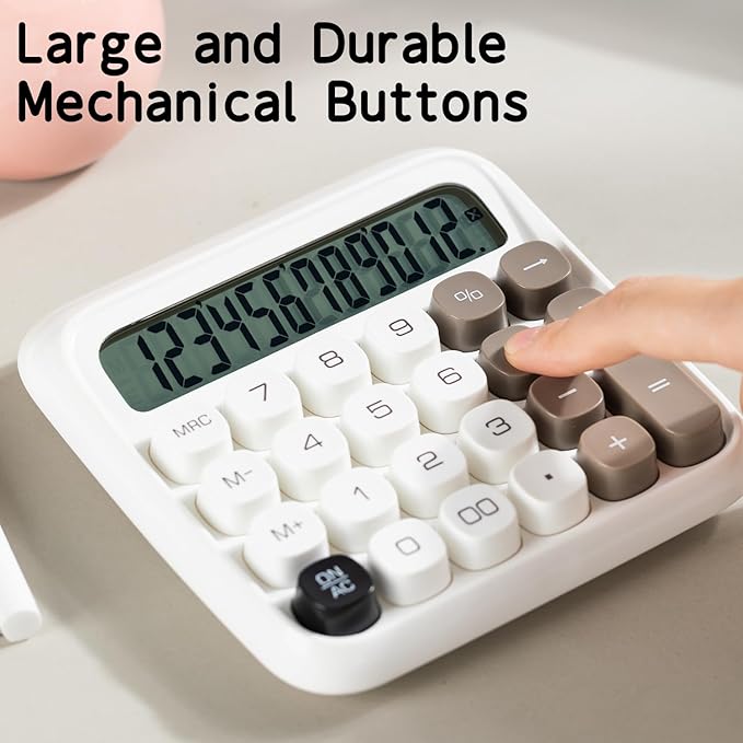 Deli Mechanical Switch Calculator 12 Digit, Large LCD Display Calculators Desktop with Big Buttons, Cute Calculator for Teachers Students Basic Office, White