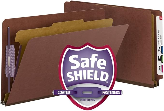 Smead 100% Recycled End Tab Pressboard Classification File Folder with SafeSHIELD Fasteners, 1 Divider, 2" Expansion, Legal Size, Red, 10 per Box (29855)