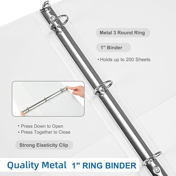 1 inch 3-Ring Binder, 1" Round Ring Binders with 2 Inside Pockets, View Basic 1 in Binders, Clear View Cover 1-inch-Binder Holds 8.5'' x 11''Paper for Office/Home/Back to School（Pack of 12, White
