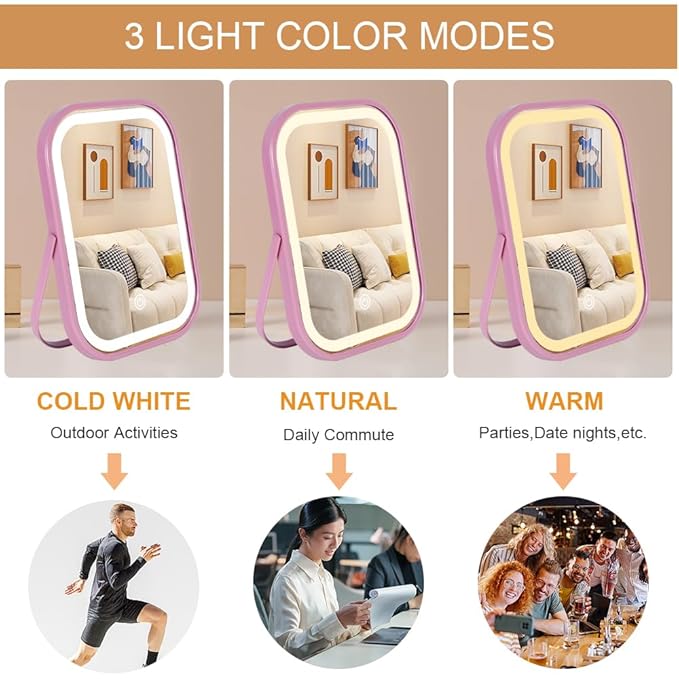 Lighted Vanity Mirror, Rechargeable Travel Makeup Mirror with Lights, 8''x6'' Desk Mirror with Lights,Make up Mirror with Lighting for Makeup Desk ＆ Dressing Room