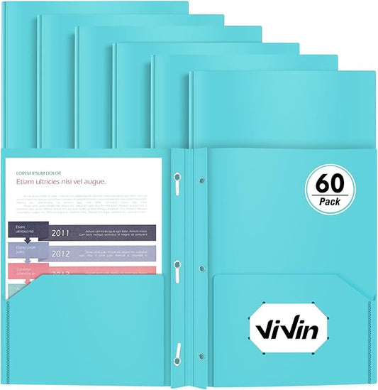 Heavy Duty Plastic Folder, 60 Pack, Pocket Folder with brads, Letter Size Poly File, Plastic Folders with 3 Prongs Fasteners - Light Blue