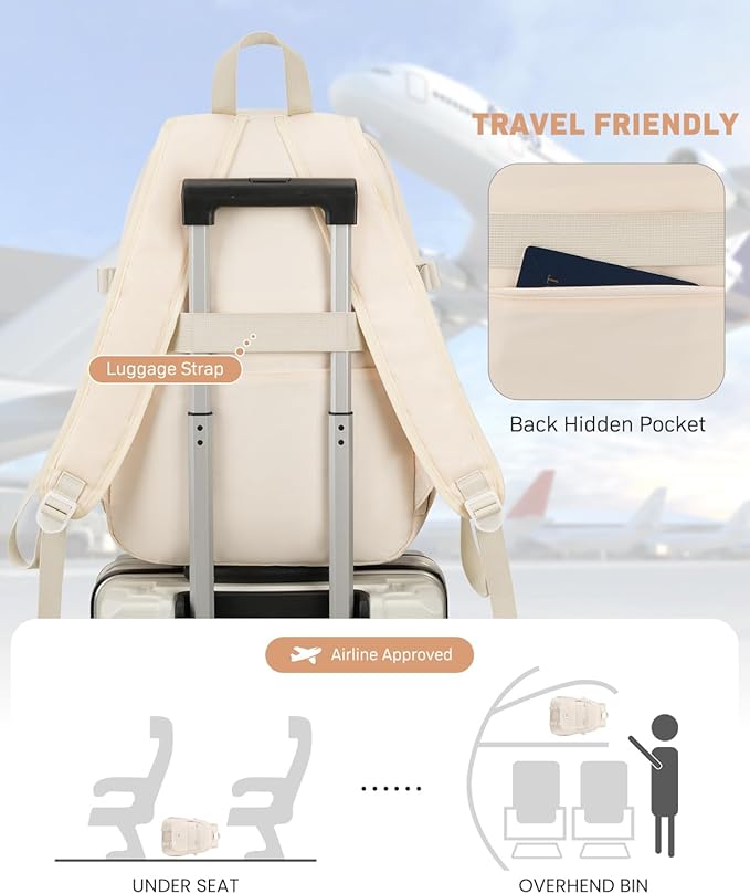 School Backpack for Teen Girls, 15.6 Inch Laptop Backpack Women Kids Bookbag for Middle High School Cute College Bag for Students, Beige