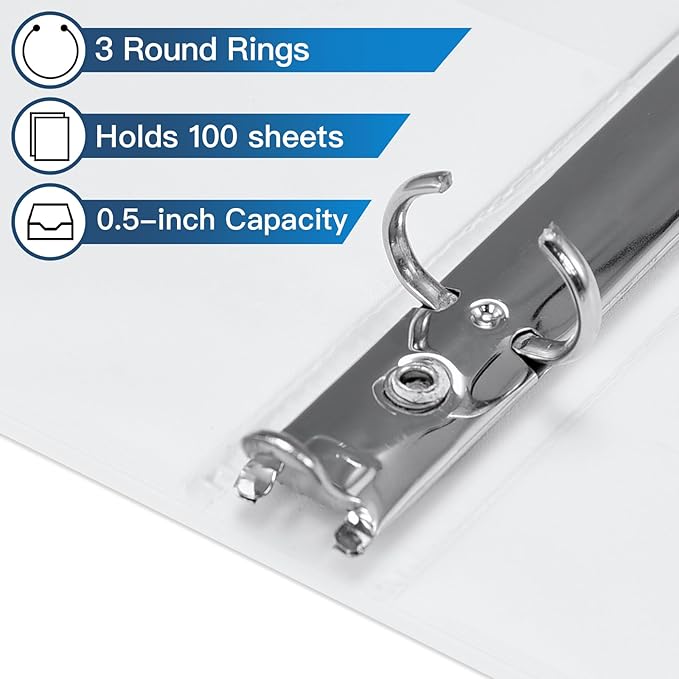 0.5-inch 3-Ring Binder with 2 Interior Pockets, 0.5'' Basic Binders Holds US Letter Size 8.5'' x 11''for Office/Home/Back to School, 6 Pack (White)