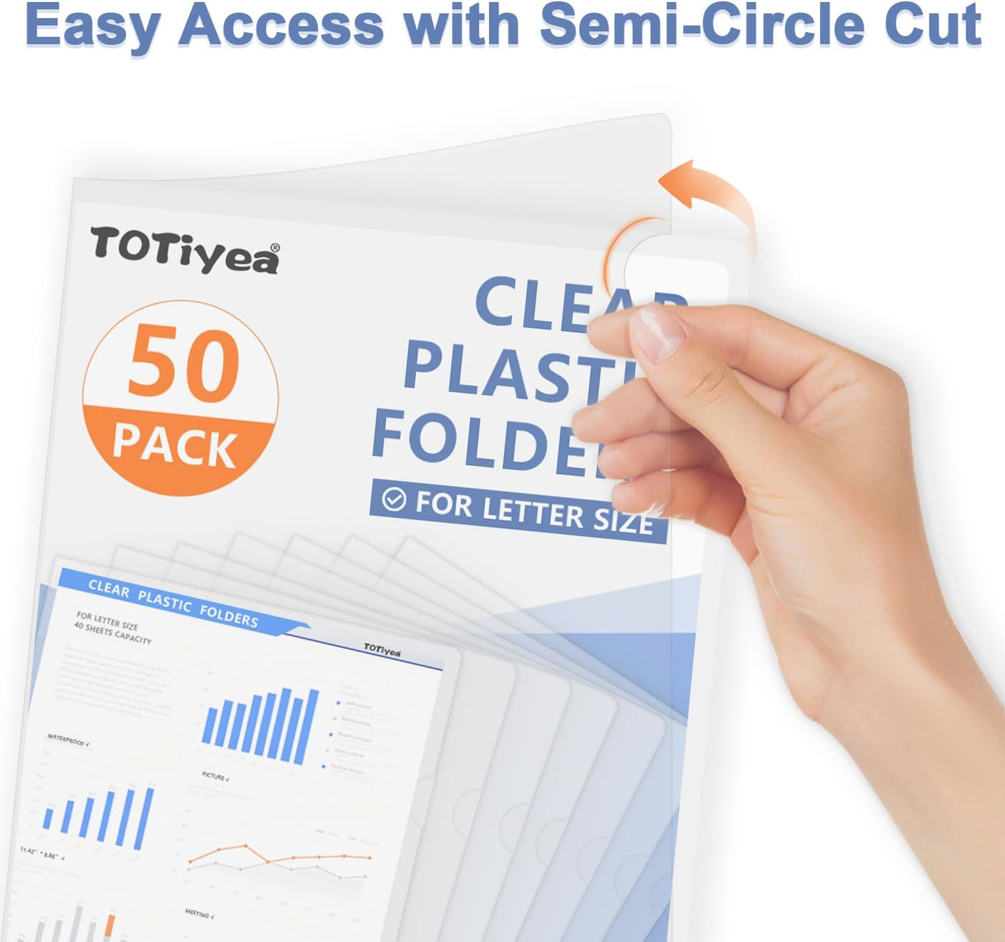 TOTiyea 50 Pack Clear Folder, Plastic L-Type Folders, Clear Copy Safe Project Pocket, Fits Letter Size 8.5x11 Paper, Transparent