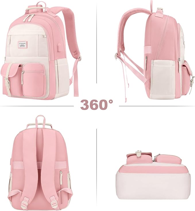 School Backpack BookBag for Teen Girl: 15.6 Inch Cute Laptop Backpacks for Middle High School Casual College Back Packs with USB Charging Port Aesthetic Daypack Travel Book Bag for Kids Students Women