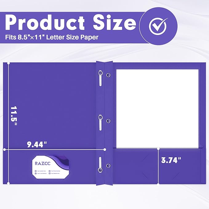 Two Pocket Folders, RAZCC 50 Pack Two Pocket Folders with Prongs, 3 Prong Folders Fit Letter Size Paper, Pocket File Folders for School Office Home Business, Purple