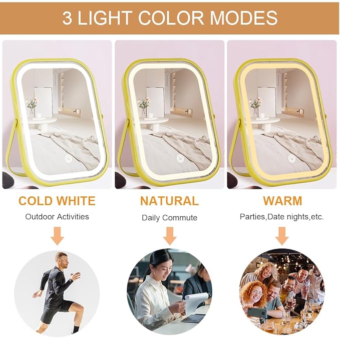 Rechargeable Vanity Mirror with Lights, Smart Touch Control Dimmable 3 Modes Light Portable Travel Desk Mirror