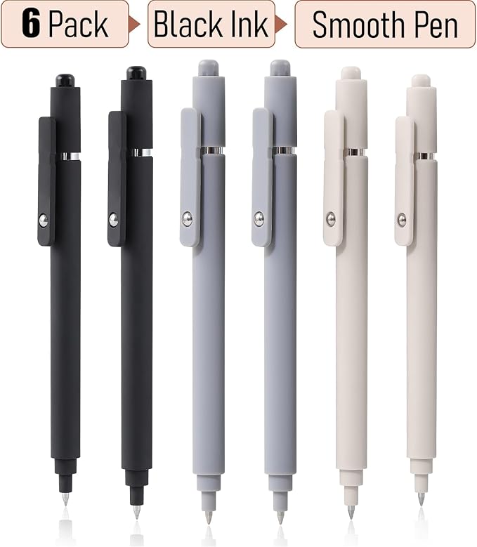 RIANCY Gel Pens 0.5mm Black Ink Ballpoint Aesthetic Beige Black Gray White Fine Point Writing Pretty Pen Cute Fancy Desk Accessories for Women Men Nurse Journaling Note Office School Supplies 6Pcs