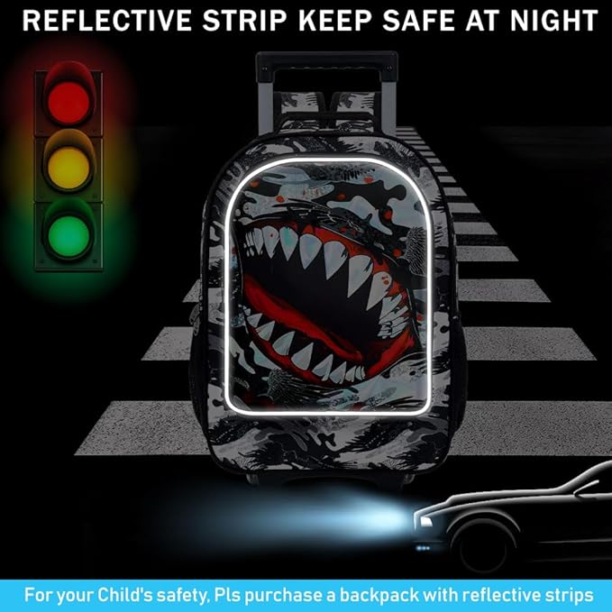 18" Shark Rolling Backpack for Boys, 3Pcs Kids School Backpacks with Wheels, Roller Bookbag with Lunch Box for Preschool Toddler Elementary(Black)
