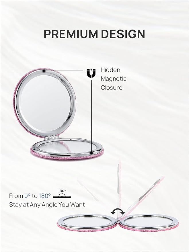 OMIRO 1X/10X Magnifying Compact Mirror with PU Leather, Ultra-Portable for Purses and Travel, Round Pink