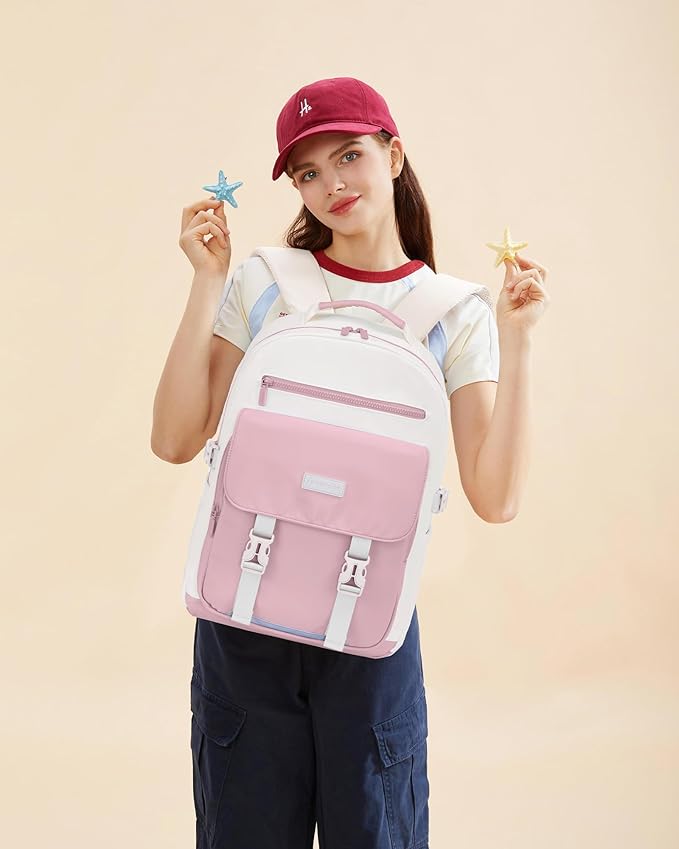 LOVEVOOK School Backpack for Teen Girls，Casual School Backpack 14-18 Teenage 15.6 Inch Laptop Bookbag, Cute Big Student Laptop Backpack for College Women Middle High School Travel Daypack，Pink