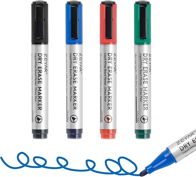 ZEYAR Dry Erase Marker Low-Odor Bullet Tip, Ultra-Large Capacity, Advanced Direct Flow Structure, Whiteboard Marker for School, Office, Home, 4 Count (Black,Blue,Red,Green)