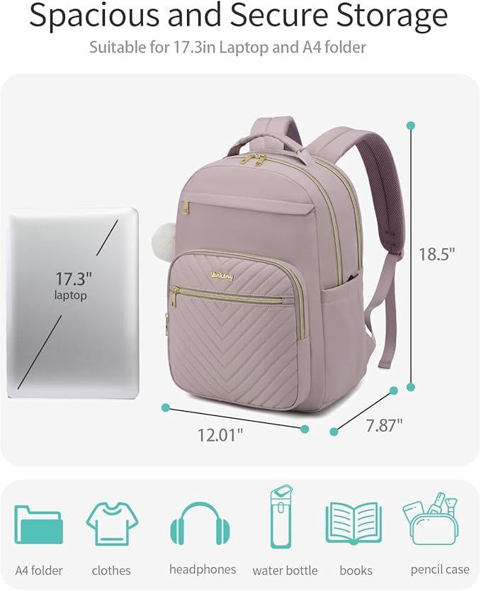 17.3in Laptop Backpack Women for Work, Cute Teen Backpack for Girl University Teacher Nurse Middle School Bag Aesthetic, Light Purple