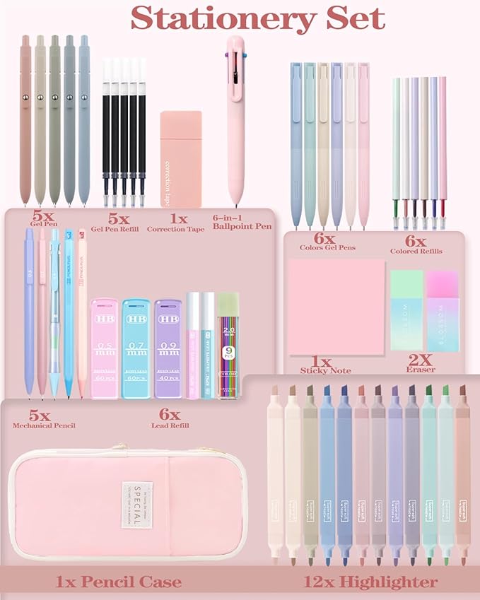 54Pcs Aesthetic School Supplies Set with Large Pastel Pencil Case 12 Dual Tip Highlighters, 6 Gel Pens, 5 Black Pens, 5 Mechanical Pencils (0.5-2.0mm) - Perfect Student & College Essentials Gifts
