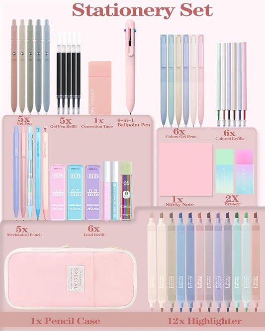 54Pcs Aesthetic School Supplies Set with Large Pastel Pencil Case 12 Dual Tip Highlighters, 6 Gel Pens, 5 Black Pens, 5 Mechanical Pencils (0.5-2.0mm) - Perfect Student & College Essentials Gifts