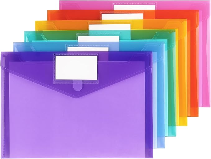 Tamaki 6 Pack Plastic Envelopes Poly Envelope Folder Clear Document Plastic File Folders Organization with Hook & Loop Closure, Letter Size/A4 Size, Envelope Folders for School Office