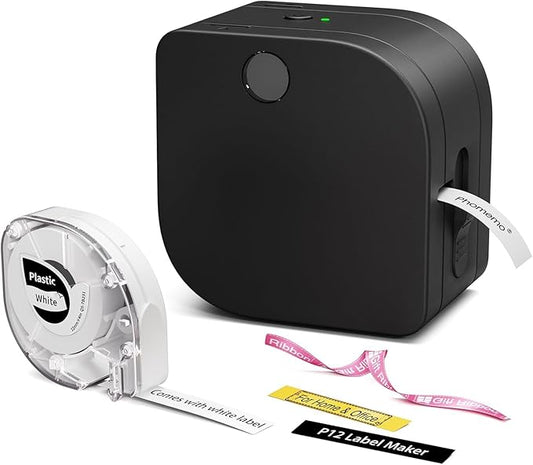 Phomemo P12 Label Maker Machine with Tape, Bluetooth Small Thermal Label Printer with Multiple Templates Mini Label Maker for Home, Kitchen, Organization, Office, Black
