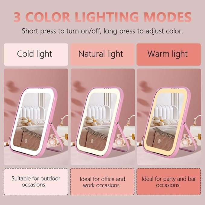 Pink Rechargeable Vanity Mirror with Lights, LED Makeup Mirror, 10"×8" Lighted Makeup Mirror with Lights, Smart Touch Control Dimmable 3 Modes Light, Lighted Up Mirror for Makeup Desk, Bedroom