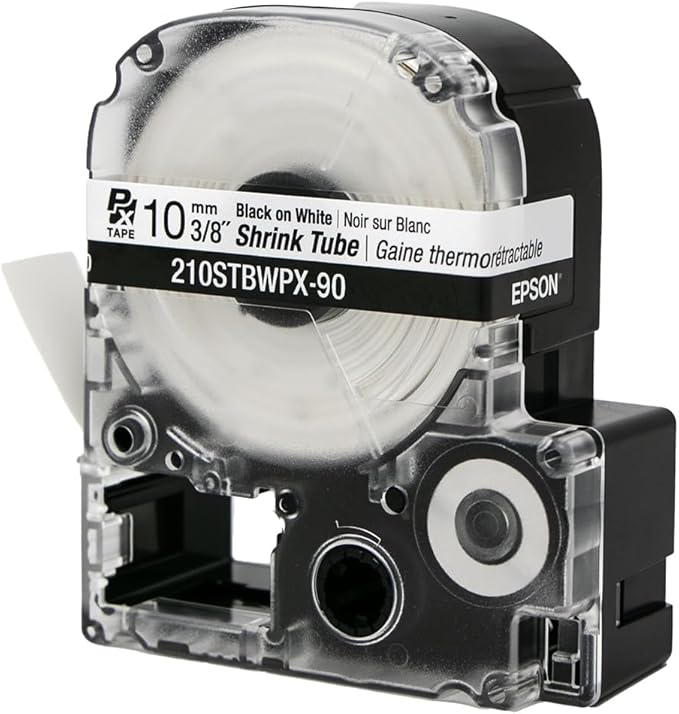 Epson LABELWORKS 210STBWPX-90 Genuine Tape Cartridge - Black on White Shrink Tube Industrial Label Maker Tape - AWG 4-12, 3/8" (10MM) Wide, 7.5 ft (90")