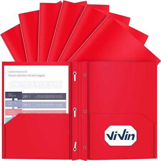 ViVin 12-Pack Sturdy Plastic Folders with Pockets, 2-Pocket Poly File, Plastic Folders with 3 Prongs Fasteners, fits 8.5 * 11 Letter Size Sheets, for School/Home/Office (Red)