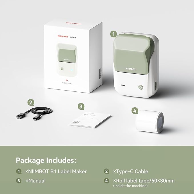 NIIMBOT B1 Label Maker Machine with Tape, 2 Inch Portable Sticker Printer for Home School & Small Business, Compatible with Phones & PC, Green White