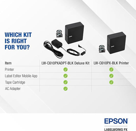 LABELWORKS Epson LW-C610PX-BLK Premium Portable Bluetooth Label Machine Printer with AC Adapter – Create Labels for Crafts and Organization, Designer Tape Supported, App Compatible